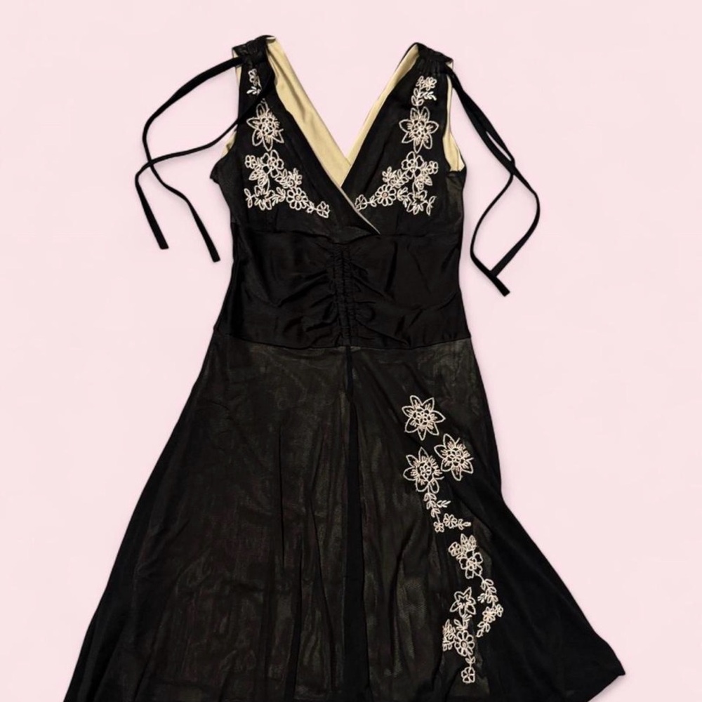 Black Embroidered V-Neck Dress with Tie Straps